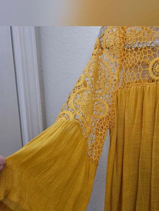 Indigo Rose Mustard Yellow Boho Crochet Lace Mini Dress | Bell Sleeve Bohemian M - Picture 6 of 10